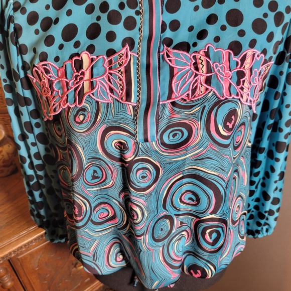 VINTAGE DIANE FREIS MIXED PATTERN PUFF SLEEVE DRAWSTRING WAIST BLOUSE - Picture 5 of 9